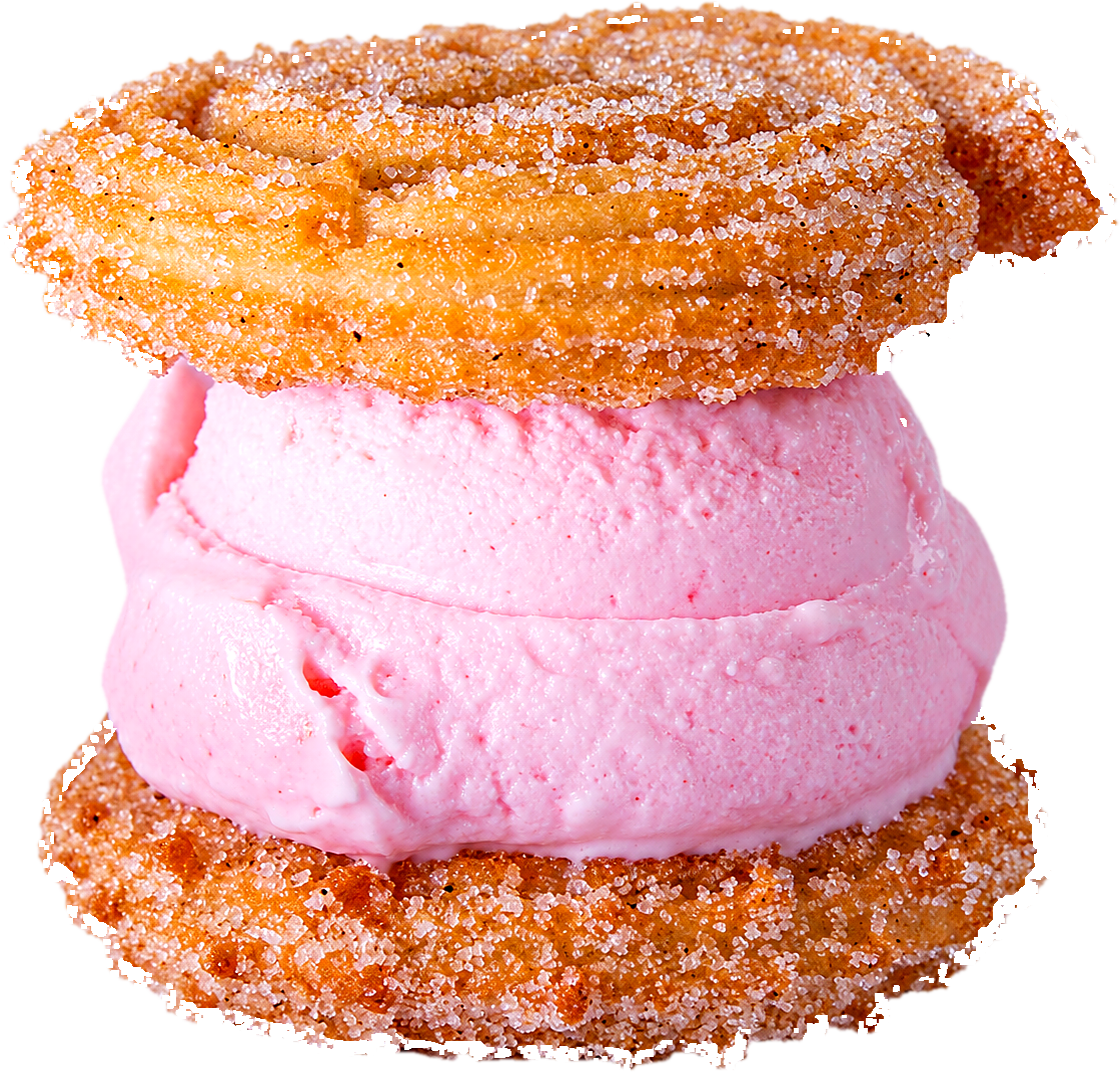 Sándwich de churro con azúcar y canela, relleno de helado de yogurt de fresa
