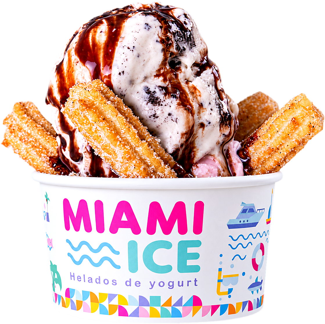 Vaso de Miami Ice con helado, churros y salsa de chocolate